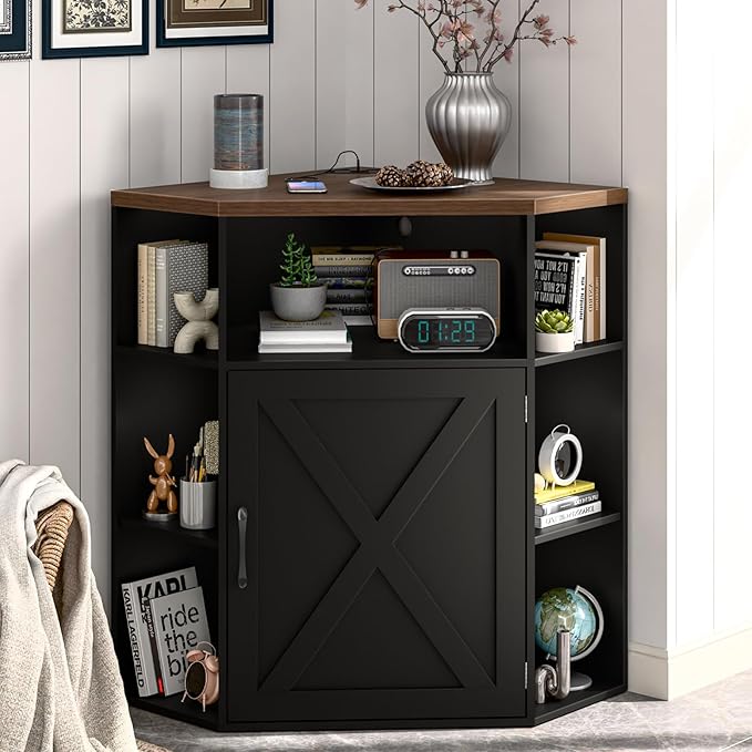 Vabches Corner Cabinet, Corner Storage Shelf with USB Ports and Outlets Industrial Organizer for Small Space Wooden 6-Cubby Bookshelf for Study, Playroom, Living Room (Black and Brown)