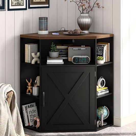Vabches Corner Cabinet, Corner Storage Shelf with USB Ports and Outlets Industrial Organizer for Small Space Wooden 6-Cubby Bookshelf for Study, Playroom, Living Room (Black and Brown)