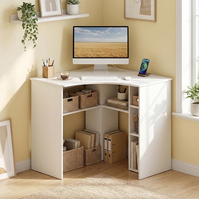 Tangkula White Corner Desk with Charging Station, 90-Degree Triangle Computer Desk with Ergonomic Curved Edge & Open Storage Shelves, Writing Study Desk for Small Spaces Home Office