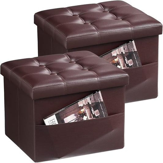 Bsketa Storage Ottoman Foot Rest Stool, Small Leather Storage Ottomans Bench, Folding Footstool with Side Pockets, Foot Rest Under Desk for Living Room Bedroom, 16x12x12 in, Brown 2 Pack