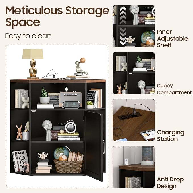 Halitaa Corner Storage Cabinet, Farmhouse Corner Bookshelf with Storage 6-Cubby Wooden Cabinet with USB Ports and Outlets Industrial Organizer for Small Space, Study, Playroom, Black and Brown