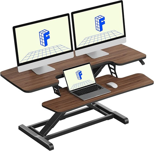 FLEXISPOT Standing Desk Converter 42" Premium Large Desk Riser for Triple Monitor, Spacious Desktop Sit Stand Workstation with Ergonomic Height Adjustment, Modern Stand Up Desk Riser, Walnut