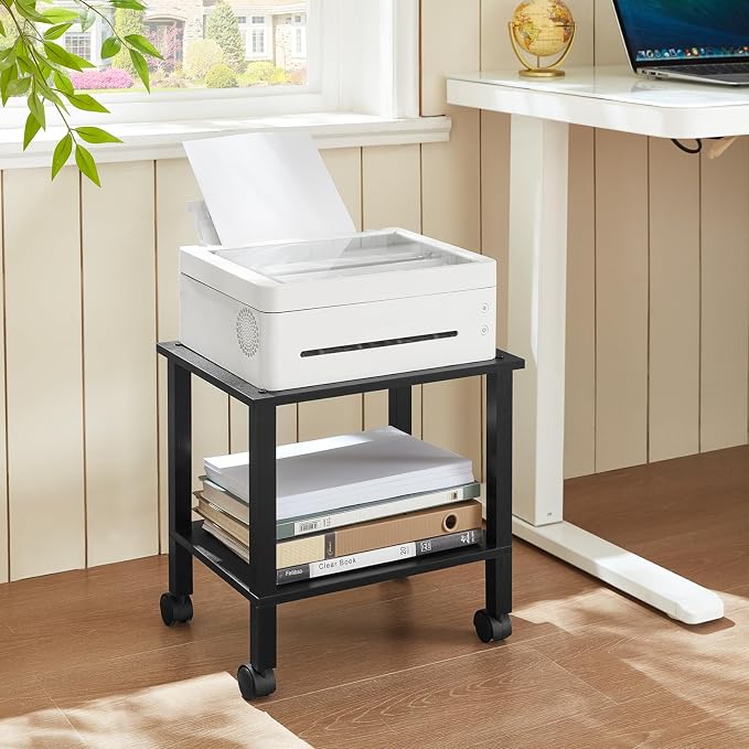 YUFAM 2 Tier Printer Stand with Storage,Under Desk Shelf Printer Table, Rolling Printer Cart for Office,Home,Black