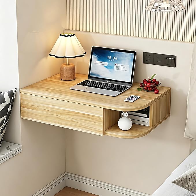 Corner Floating Desk with Drawer, Wall Mounted Desk with Open Shelving, Floating Makeup Vanity with Storage, Scratch-Resistant, Space Saving, for Bedroom Living Room Small Spaces Apartment