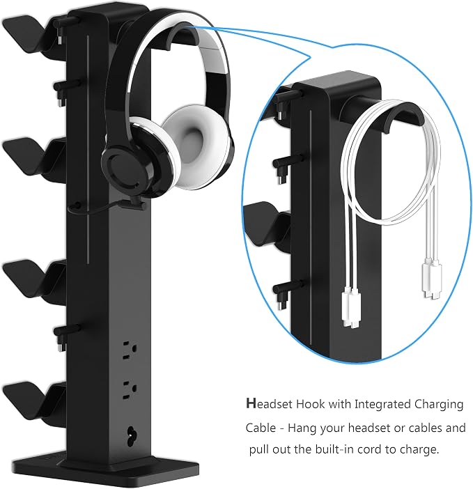 KAFRI RGB Gaming Headphone Stand with Controller Holder, Desk Organizer with Retractable Charger Cable, 2 AC Outlets & 4 Type-C Charging Ports, PC Gaming Accessories for Headset & Controller (Black)