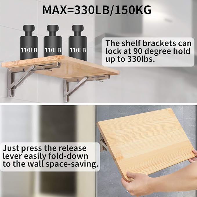 YUMORE Folding Shelf Bracket 18",Heavy Duty Stainless Steel Collapsible Shelf-Bracket Max Load 330lbs Wall Mounted Table Support Hinge for Space-Saving DIY Work Bench with Install Screws, Pack of 2