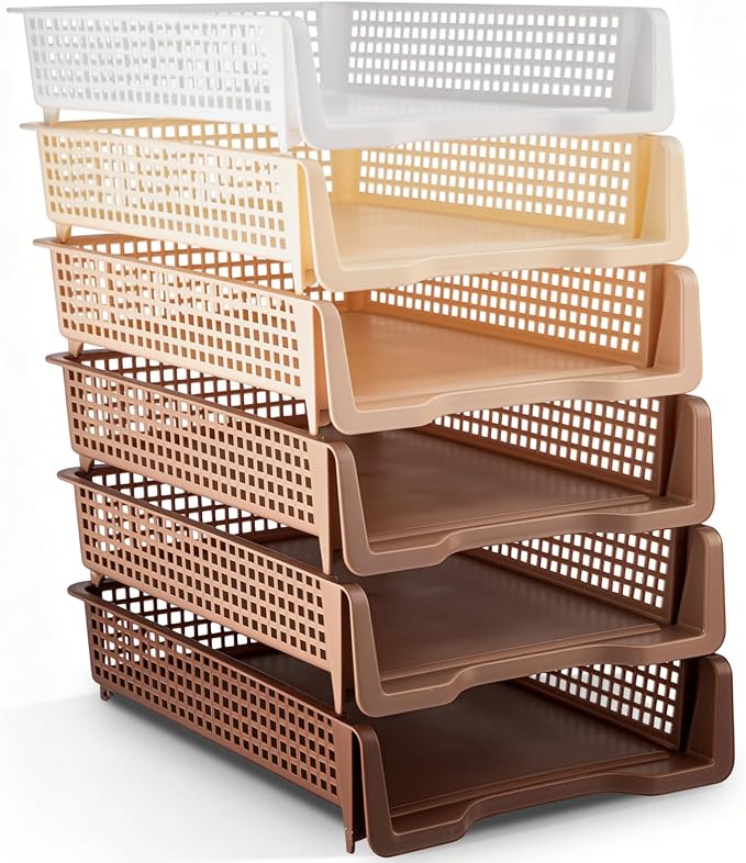Geetery Set of 6 Plastic Trays for Teachers Turn in Trays Classroom Stackable Paper Tray Plastic Classroom Teachers Desk Letter Organizer Storage Baskets for Office, Desk, Home (Gradient Brown)