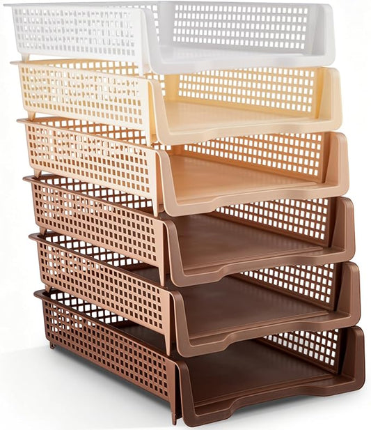 Geetery Set of 6 Plastic Trays for Teachers Turn in Trays Classroom Stackable Paper Tray Plastic Classroom Teachers Desk Letter Organizer Storage Baskets for Office, Desk, Home (Gradient Brown)