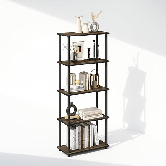 Furinno Turn-N-Tube Book Shelf, 5-Tier Bookshelf, Bookcase with Multipurpose Compact Display Rack, 11.6 x 23.6 x 57.4, for Living Room, Bedroom, Home Office, Columbia Walnut/Black