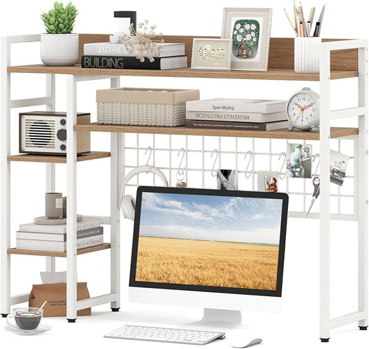Tangkula Desktop Bookshelf for Computer Monitor Up to 32”, Countertop Storage Hutch with 4 Open Storage Shelves, Grid Panel, Anti-tip Device, 4-Tier Desktop Display Shelves for Home Office (Natural)