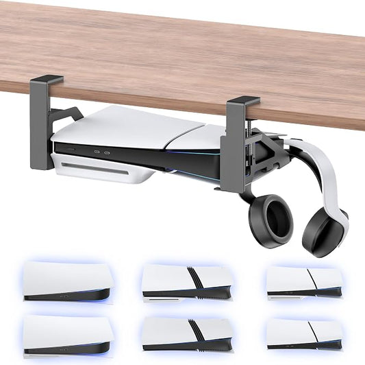 No-Drill PS5/Slim/Pro Under Desk Mount, Metal Under Desk PS 5 Mount for PS5 Slim Digital & Disc, PS 5 Holder Under Desk with Clamp, Screw and EVA Foam for PS 5/Slim/Pro Digital Console