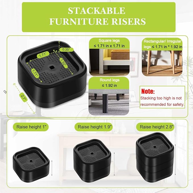 8 Pack Furniture Risers 2 Inch, Adjustable Bed Risers Heavy Duty for Table Desk Couch Chair Sofa Cabinet Bed Legs Dorm, Square Stackable Bed Raisers Blocks Lift Height 1", 2",3"or 4", Black
