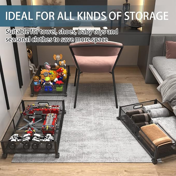 Under Bed Storage Containers, Shoe Storage With Wheels, Foldable Bedroom Storage Organization with Handles, Under Bed Storage Bins Drawer For Clothes, Blankets And Shoes, Bedding (2 Pack, Black)