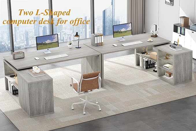 HSH Gray L Shaped Corner Desk with Storage Shelves, Reversible L Shape Computer Desk with Storage Cabinet, Adjustable Corner Home Office Desk for PC Executive Writing Study Work, Light Grey, 55 Inch