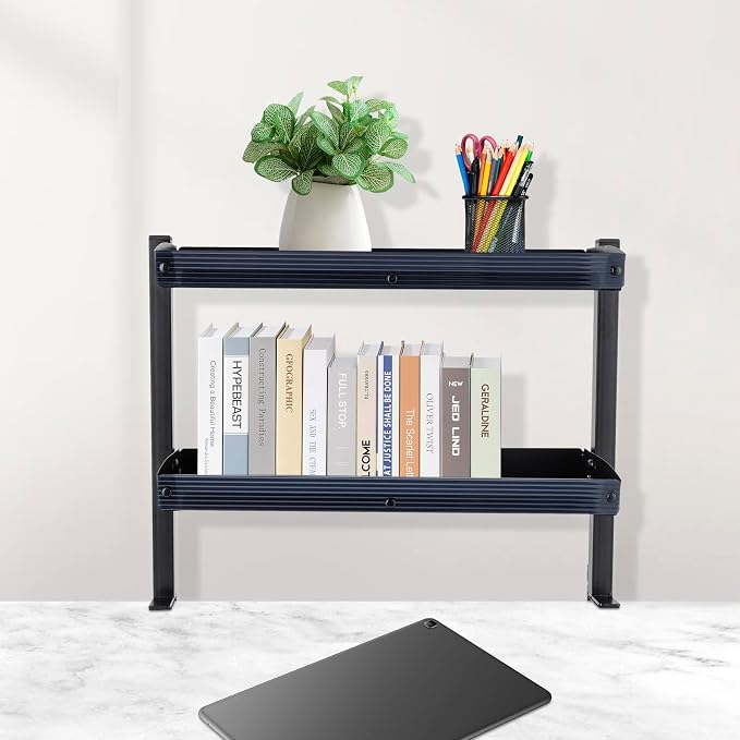 Clamp-on Desk Shelf, Desktop or Under-Desk 2-Tier Shelving Unit with Adjustable Metal Storage Tray, Clip-on Desk Shelf Office Organization (Black)