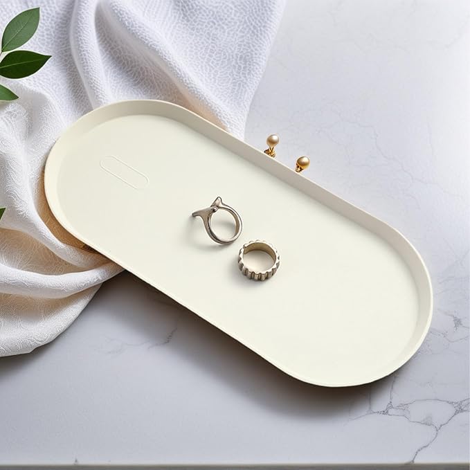 White Silicone Vanity Tray, 8.66x3.94 Inch Oval Food-Grade Counter Organizer, Dishwasher Safe Scratch-Proof Storage Tray for Jewelry Makeup Bathroom Desk