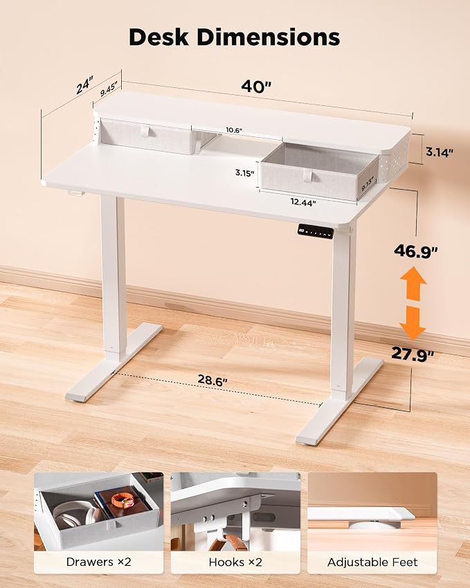 FiCiHi 40x24 Inch Standing Desk with Drawers, C-Clamp Mount Compatible, Electric Adjustable Height Computer Small Stand Up Desks, Home Office Sit Stand Table with 3 Preset Heights, White