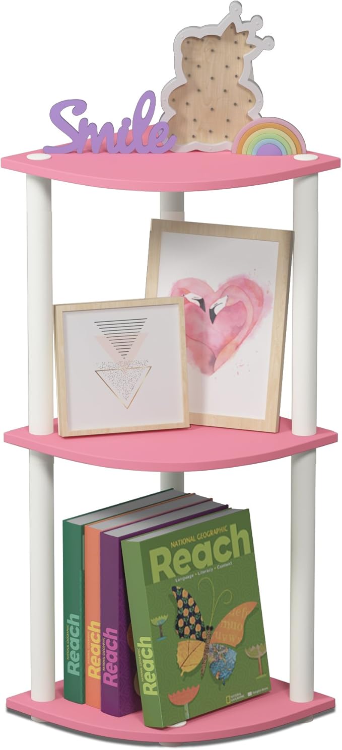Furinno Turn-N-Tube Toolless Assembly 3-Tier Corner Shelf, Pink Corner Book Shelf, Open Shelves Bookshelf, for Organization and Storage, Living Room, Home Office, Bedroom, Soft Pink