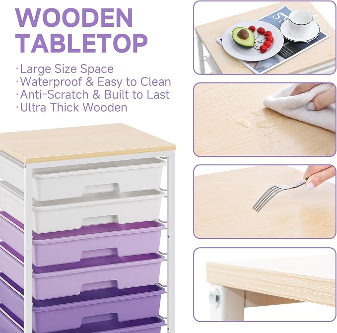 SYKIARIOL Rolling Cart with Drawers,Utility Cart with 6 Drawers,Rolling Storage Cart with Drawers and Wooden Tabletop & Lockable Wheel,Purple