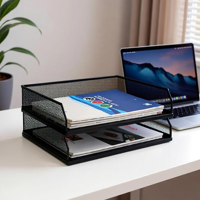 Paper Tray Desk Organizer, 2 Pack Stackable Letter File Tray, Wire Mesh Desktop Organizer, Front-Load Metal A4 Paper Sorter Documents Storage Holder Tray for Office Supplies Home School Classroom