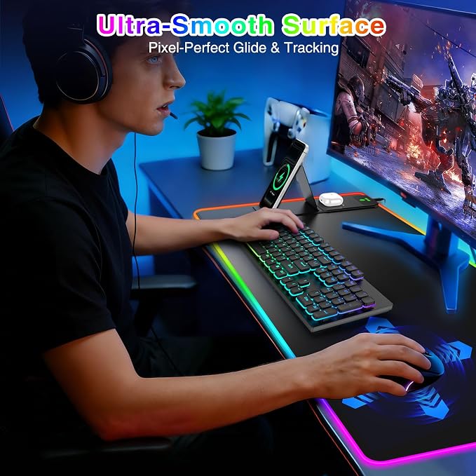 XXL RGB LED Gaming Mouse Pad with Magnetic Wireless Charger & Foldable Phone Holder, 31.5"x15.8" Extended Ultra-Smooth Desk Mat, 25 Lighting Effects, Non-Slip Base, Includes 20W PD Adapter