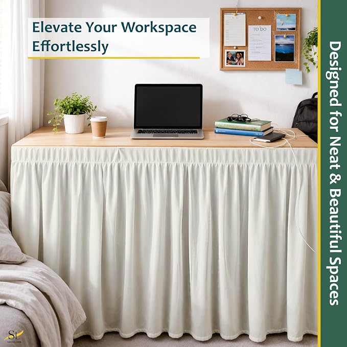 Shreem Linen Dorm Desk Skirt, Ruffled Gathered Table Cover, Custom-Fit, No Platform, Split Corners, Under Desk Storage Cover for Dorm & Home Office, Ivory Desk Skirt (D24 x W30 Skirt H30 Inches)