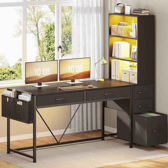 SEDETA Computer Gaming Desk with 5 Drawers and Bookshelf, Reversible Home Office Desk with Storage Shelves and File Drawer, Corner Desk with LED Lights for Small Spaces, Black