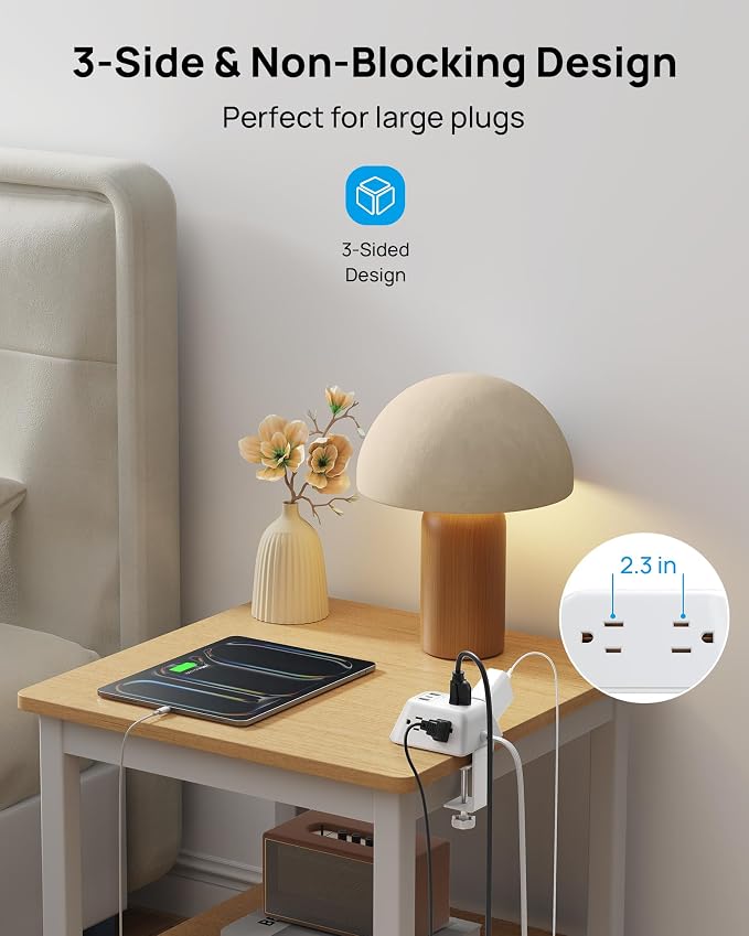 Desk Clamp Power Strip, Surge Protector with 5 AC Outlets and 3 USB Ports, Desk Mount Charging Station, Fit 1.97in Tabletop Edge Thick, 6FT Extension Cord, for Home Office Gaming Accessories, White