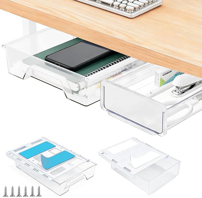 2 Pack Under Desk Drawer Organizer, Self Adhesive Hidden Drawer Storage, Slide Out Desk Organizer, Space Saving Pencil & Accessories Organizer, Under Table Storage for Home Office & School, Clear