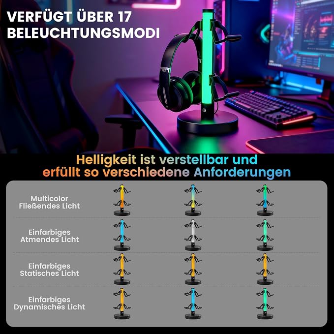 VCOM Headphone Stand with 17 Light Modes, Gaming Controller Holder with Remote Control, PC Gaming Accessories for Desk, Universal Organizer Headpsets/Xbox/PS5 Headset Stand Gamer Gifts