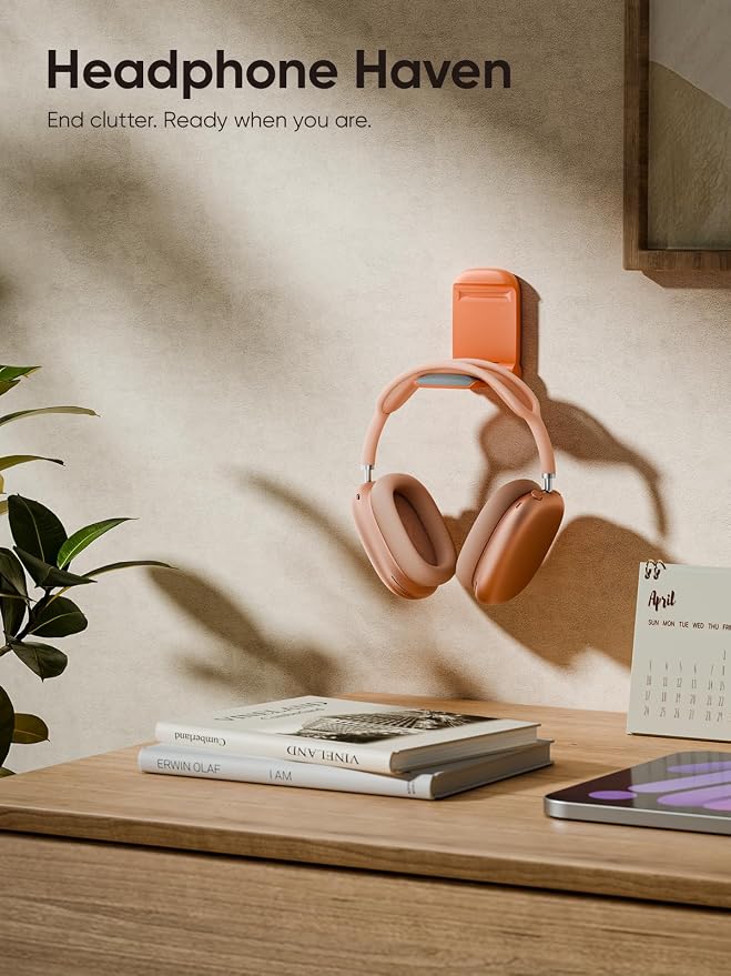 MAMUVIMO Headphone Stand, Headset Stand Foldable ＆ Sticky, Headphone Holder Hook Mount with Non-Slip Silicone, Adhesive Earphone Desk Hanger Clip Space-Saving for Airpods Max, All Earphones- Orange