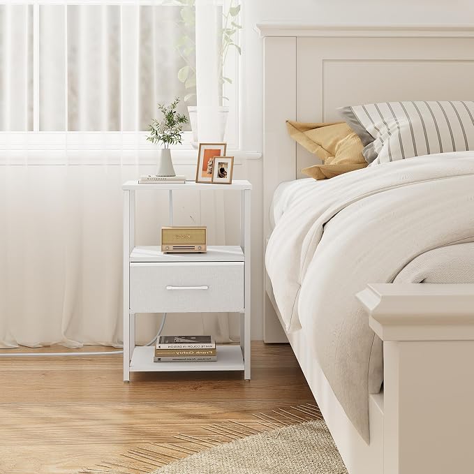 TUTOTAK Nightstand Set of 2, Night Stand with Charging Station, End Table, Bedside Table with Fabric Drawer, Side Table for Livingroom and Bedroom, White TB01BW0692