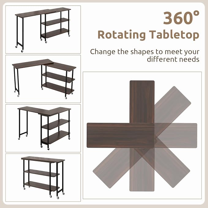 Tangkula 360° Rotating Sofa Side Table, Patented Mobile End Table with 2-Tier Storage Shelves, Swivel Rolling Desk with 6 Lockable Wheels, Metal Frame, Movable Laptop Table Couch Snack Table for Home