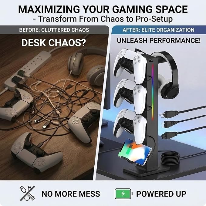 KAFRI RGB Gaming Headphone Stand with Controller Holder, Desk Organizer with Retractable Charger Cable, 2 AC Outlets & 4 Type-C Charging Ports, PC Gaming Accessories for Headset & Controller (Black)