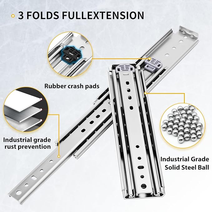 YENUO Heavy Duty Drawer Slides 12 14 16 18 20 22 24 26 28 30 32 34 36 38 40 44 48 52 56 60 Inch Full Extension Side Mount Ball Bearing Long Rails Track Guide Glides Runners Load 330 Lbs 1 Pair