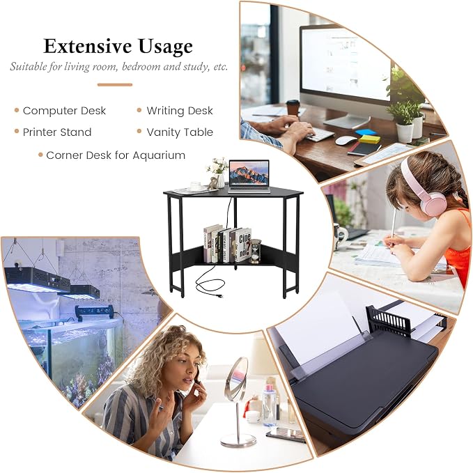 GOFLAME Corner Desk with Power Outlet, Triangle Computer Desk for Small Space, Space-Saving Writing Desk with Storage Shelf and Charging Station, Modern Laptop PC Desk for Home Office, Black