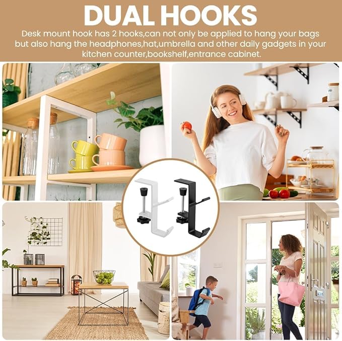 3PCS Desk Mount Bag Holder Hook Clamp,On Backpack Hanger Portable Desk Mount Headphones Holder for Reduce Desk Clutter Table Desk Table Hanging Storage