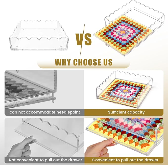 Scalloped Acrylic Tray, 5" x 5" Clear Acrylic Tray with Drawer for Insert Needlepoint, Customizable Photos, Art, Fabric, Napkin, Jewelry Organizer, Modern Desk Decor Gift