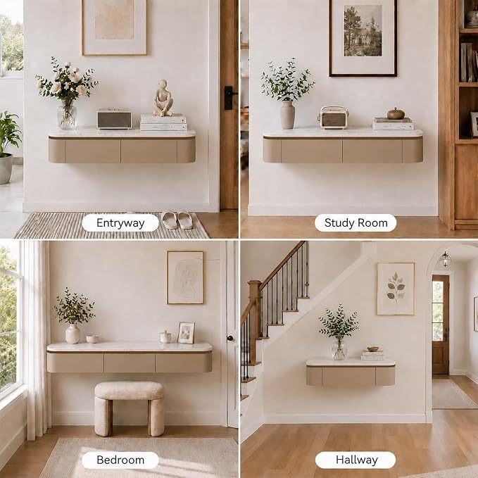 Floating Makeup Vanity Desk With Drawers Wall Mounted Makeup Table With Storage Fully Assembled Floating Vanity Desk Space Saving Modern Dressing Table For Bedroom Closet(Khaki Marble,23.6")
