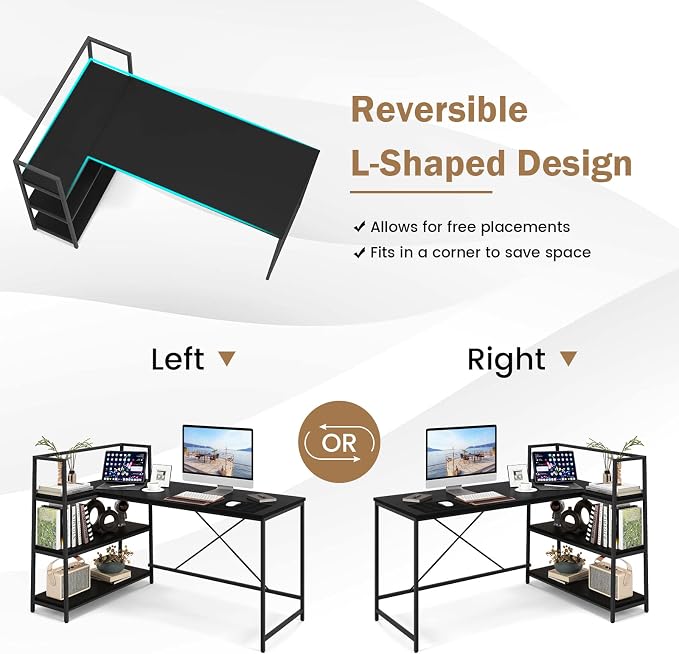 Tangkula Reversible L-Shaped Computer Desk, Space Saving Corner Desk with 3-Tier Storage Shelves & Metal Frame, Modern Executive Home Office Desk, PC Laptop Desk Workstation for Small Space (Black)
