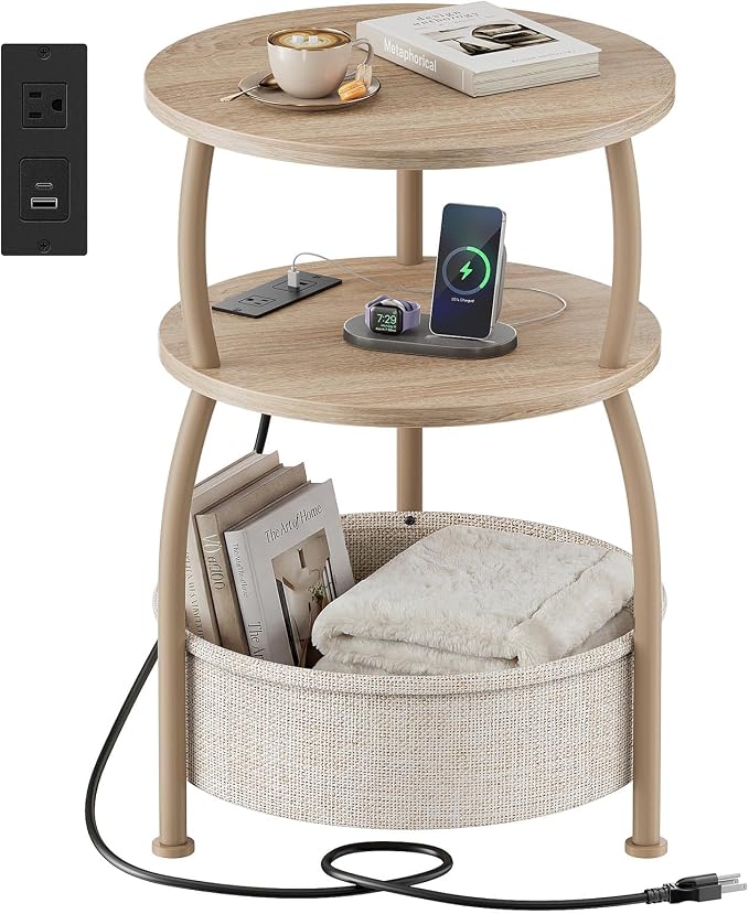 Round Side Table with Power Outlets, Type-C, 15.75 in Small Coffee Table with Basket, Space Saving End Table 3-Tier Bedside Corner Table Stand for Living Room, Bedroom, Garden Light Oak