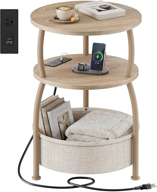 Round Side Table with Power Outlets, Type-C, 15.75 in Small Coffee Table with Basket, Space Saving End Table 3-Tier Bedside Corner Table Stand for Living Room, Bedroom, Garden Light Oak