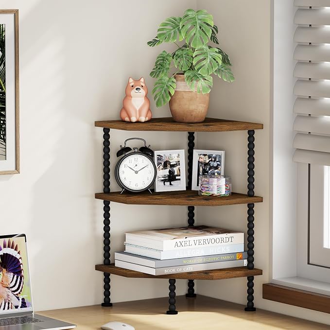 YINMIT Corner Shelf Stand, Standing Corner Display Shelf, Corner Organizer Shelf for Living Room, Bedroom, Bathroom, Kitchen, Small Spaces (Rustic Brown, 3 Tier)