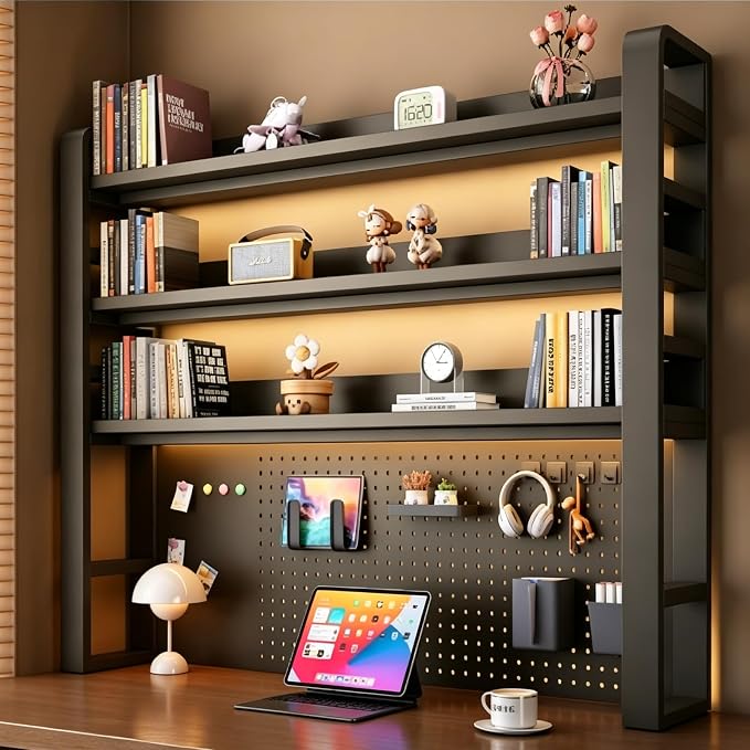 Desk Shelf Organizer with Pegboard & Storage Parts, 45kg Heavy Duty Desk Hutch, Desktop Storage Rack for Office & Home Office Shelves Black Shelf/Blackboard (4-Tier) 29.5×10×48.5"