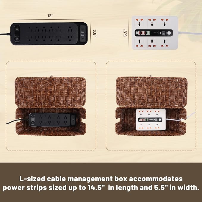 BROWNLILY Cable Management Box, Rattan Style Cord Organizer for Desk Cord Hider Outlet Covers for Power Strip TV PC Router Charger Under Desk Storage with Lockable Lid and Cable Ties