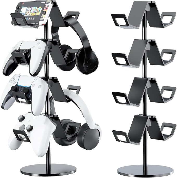 Controller Holder 4 Tier,Headphone Stand - Adjustable Headset Holder for Xbox PS5 PS4 Switch Pro - Gaming Accessories Storage for Gamer,Desk/Floor(Black)