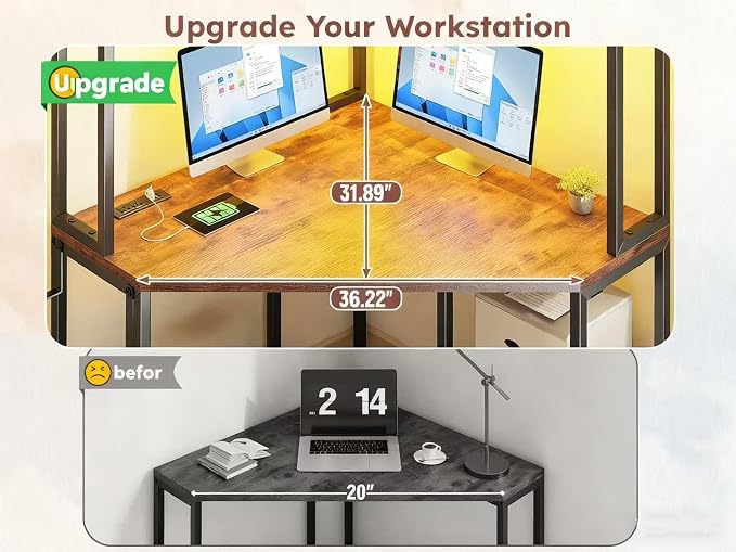 DurayLoly 63" Triangular Corner Desk with Hutch,Ample Storage for Small Room,Spacious 36" W Desktop,2 Fabric Drawers and Bottom Wooden Shelves,Versatile Computer Desk that Meets All Your Needs,Brown