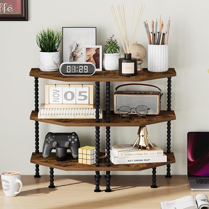 YINMIT Corner Shelf Stand, Standing Corner Display Shelf, Corner Organizer Shelf for Living Room, Bedroom, Bathroom, Kitchen, Small Spaces (Rustic Brown, 3 Tier)