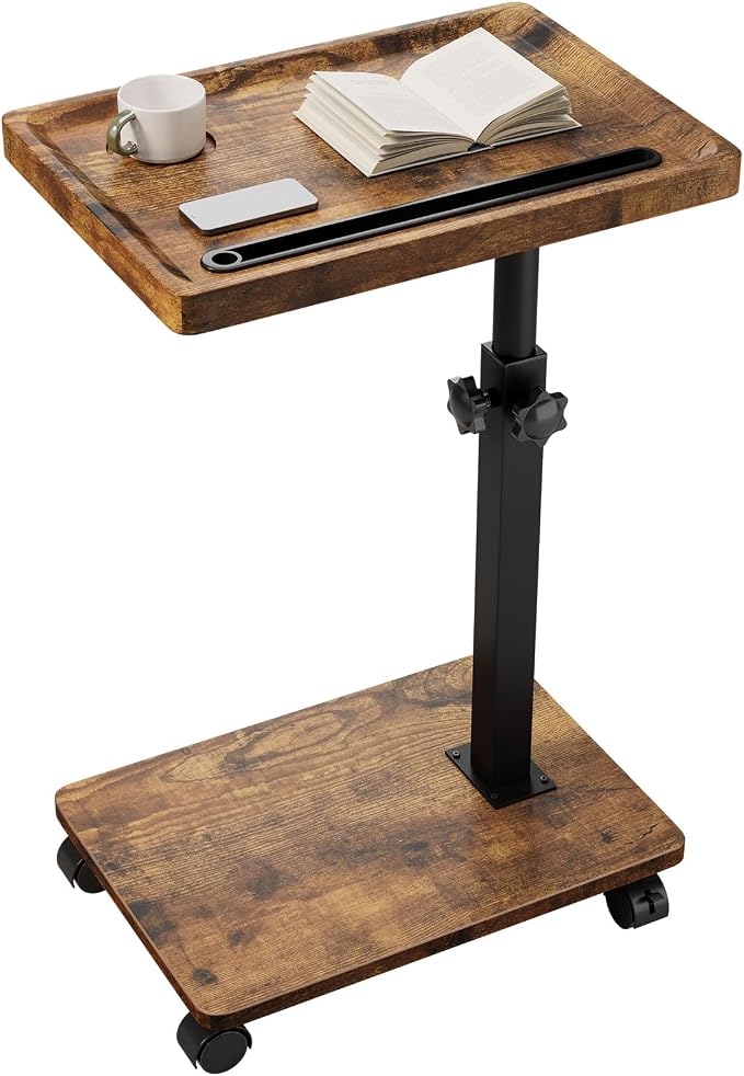 IBUYKE C Shaped Side Table Height Adjustable, 360° Swivel TV Tray Table with Wheels, End Table for Small Spaces,Living Room,Small Bedside Table for Eating, Dinner or Laptop, Brown UTVT007H