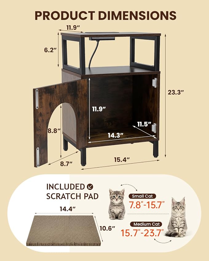 Cat Side Table with Charging Station & Storage Shelf, Small End Tables with Cat Cave & Scratcher Pad for Living Room, Small Spaces, Bedroom, Office, Easy Assembly, Space Saving, Brown